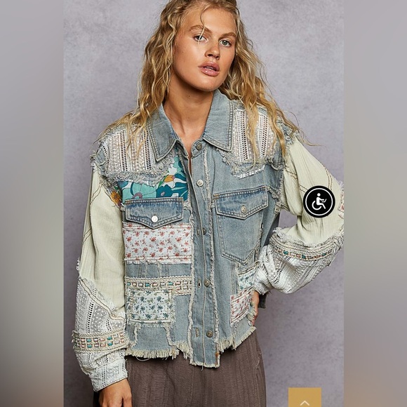 POL Small Patchwork Denim Jean Jacket with Eclectic Multi Media Design - Picture 1 of 3